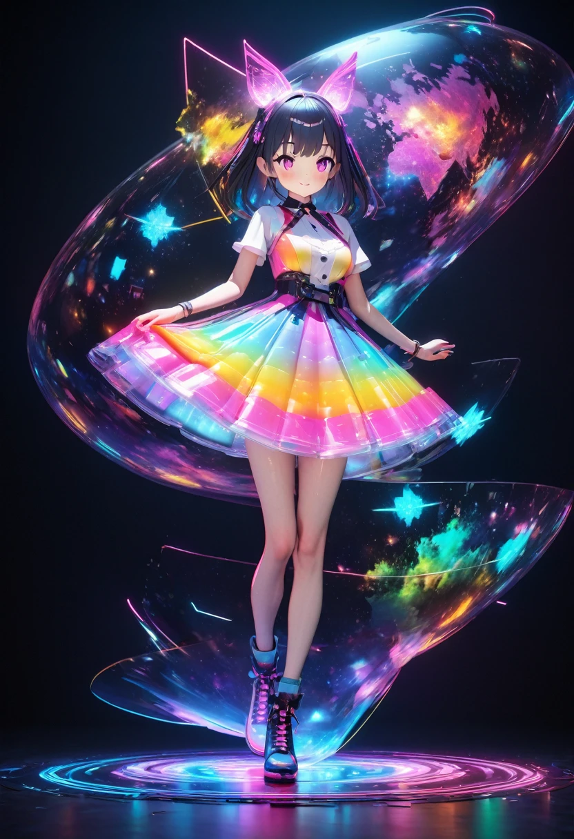 holography, Draw in neon colors:1 Girl:future, transparent, 3D, Light, sf, Digital art, Digital, scientific, Dark Background: electronic circuit: Draw in neon colors, 3d, masterpiece, Digital空間, energy, beautiful, masterpiece, 8K, Light, Familiar, Vibrant, colorful, Nice, beautiful, Rich colors, beautiful Light Lines. Magical Effects, Sparkling, beautiful Light Grains