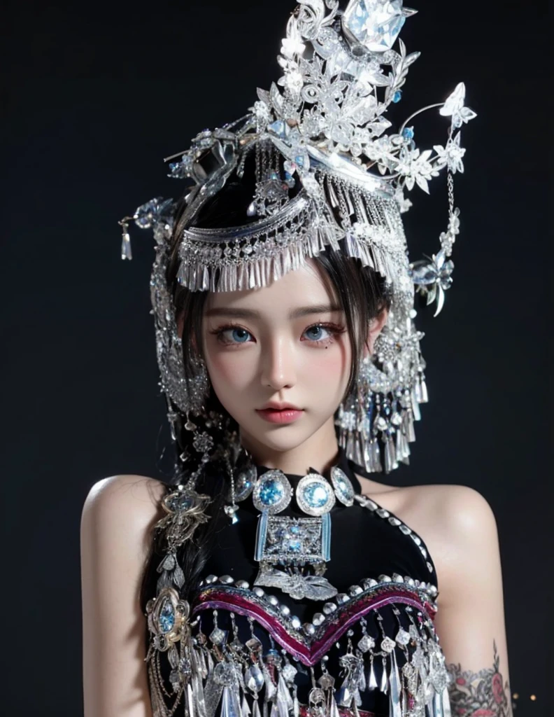 Game Art,Best image quality,Maximum resolution,8K,(A bust photo),(portrait),(Head close-up),(Rule of Thirds),Unreal Engine 5 rendering works,20 year old girl,((Queen)),The eyes are very detailed,(Large Breasts),Elegance and nobility,Light,Light线追踪,Game CG,((3D Unreal Engine)),OC rendering reflection mode,4K,Ultra-clear,Sensual,Translucent lace,Fair and plump figure,Pretty Face,Light泽凝胶涂层,身着华贵礼服的Queen,Crystal Gem Crown,Necklace jewelry,blue eyes,The tattoo is very three-dimensional,Gorgeous and intricate tattoo designs,Ultra-clear portrait,Sexy body,Temple Princess,Sapphire eyes,Fine gold and diamond jewellery,Luxurious silver jewelry,Miao ethnic group clothing