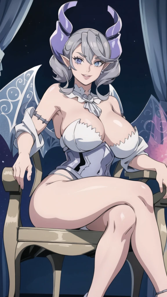 Outside castle top High level image quality best image quality 8K adult woman silver castle outside more colors whole body view portrait bikini horn ears short hair((shortcut)(gray hair)(perm)(fluffy)) eye color is blue , , attractive evil face , smile , sexy pose , labrynth , barearm , wearing pink , wings , sitting on chair ,holding her weapon , crossed legs, view heels , view side