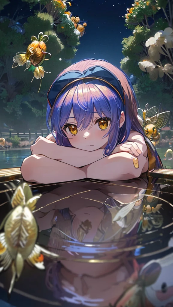 absurd, High resolution, (anime style:1.1), ((On the table)), ((best quality)), (Super detailed), (fair), alone, fair face、9. blue reflection:A woman looking at a fair night view on the shore of a quiet blue pond,Her reflection is、into the nature around her。The water surface ripples gently,Creates a sense of tranquility and clarity。12 years old、(Naked:1.1)、meteor、Turn around、(Cute bear ears)、(Golden Honey Dwarf Gourami:1.8)