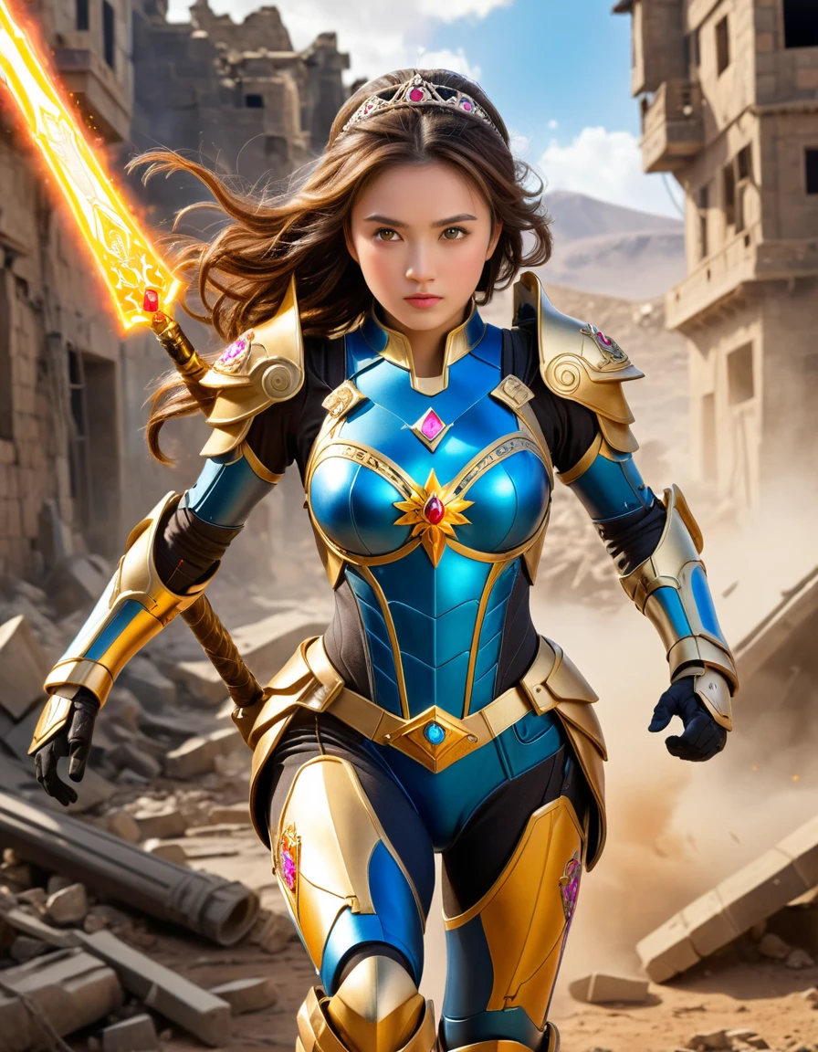 dynamic angle, (action pose), a ultra detailed beautiful photograph, Princess in a Powered Suit is of a princess donning an advanced powered suit, dashing through a desolate battlefield. Her suit is adorned with vibrant colors and ancient emblems are etched into it. Her eyes burn with determination to overcome adversity, and in her hand, she holds a powerful weapon to defeat her enemies.