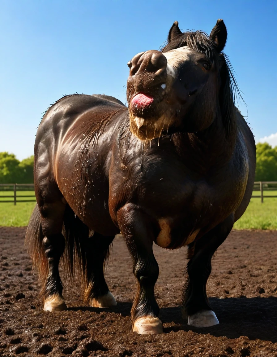 full rear(100) view of large fat wide hairy Shire horse stallion with lumps of horse dung pouring out of the centre of a big bum and sliding down legs. facing away from view point - towards horizon. wide open rectum and anus in full view full of horse dung. tail to left side. ((masterpiece)), ((best quality)), ((highres)), ((extremely detailed)), ((close shot, back view)), (super realistic) . anatomically correct. horse surrounded by lumps of steaming dung. open field. bright sunny sky