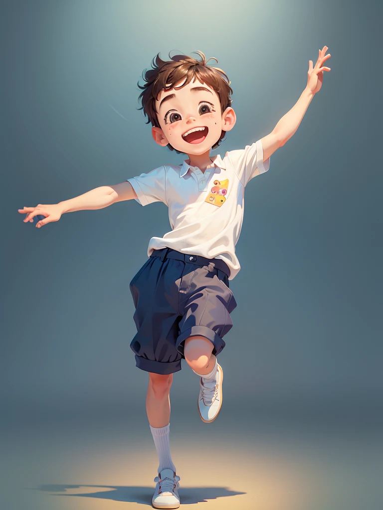 masterpiece, best quality，Illustration of a cute boy dancing happily，Pixar style, stills，simple background，perfect details，