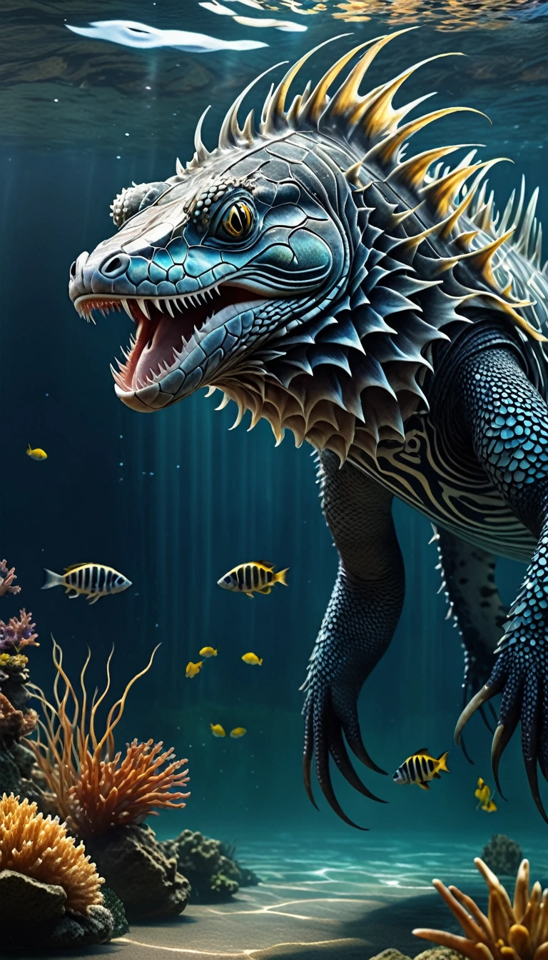 Panoramic view, Psychrolutes marcidus in the water, mysterious creature, Yu, (best quality, 4k, 8k, high-rise, masterpiece: 1.2), super detailed, (realistic, photo realistic, photo realistic: 1.37), highly detailed animals, complex patterns, real lighting, fantasy creatures