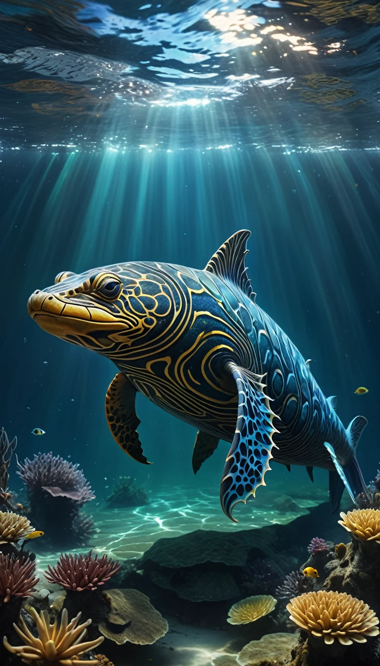 Panoramic view, Psychrolutes marcidus in the water, mysterious creature, Yu, (best quality, 4k, 8k, high-rise, masterpiece: 1.2), super detailed, (realistic, photo realistic, photo realistic: 1.37), highly detailed animals, complex patterns, real lighting, fantasy creatures