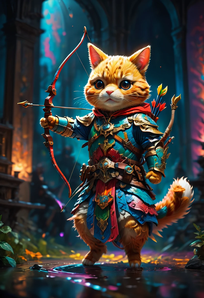 Archer, bow and arrow, Archery pose, full body, by Richard Scarry, dramatic composition, cinematic dynamic action scene, vibrant colors, cinematic lighting, dramatic lighting, best quality, masterpiece, very aesthetic, perfect composition, intricate details, ultra-detailed