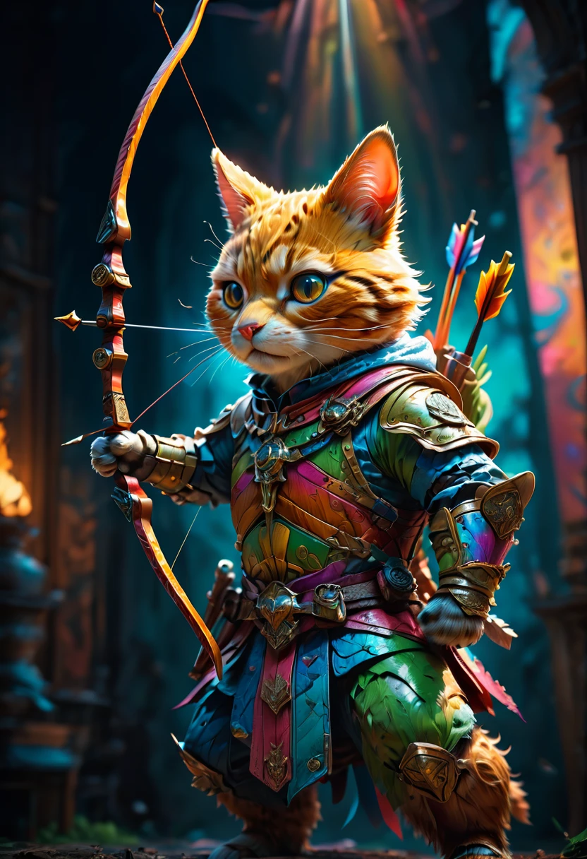 Archer, bow and arrow, Archery pose, full body, by Richard Scarry, dramatic composition, cinematic dynamic action scene, vibrant colors, cinematic lighting, dramatic lighting, best quality, masterpiece, very aesthetic, perfect composition, intricate details, ultra-detailed