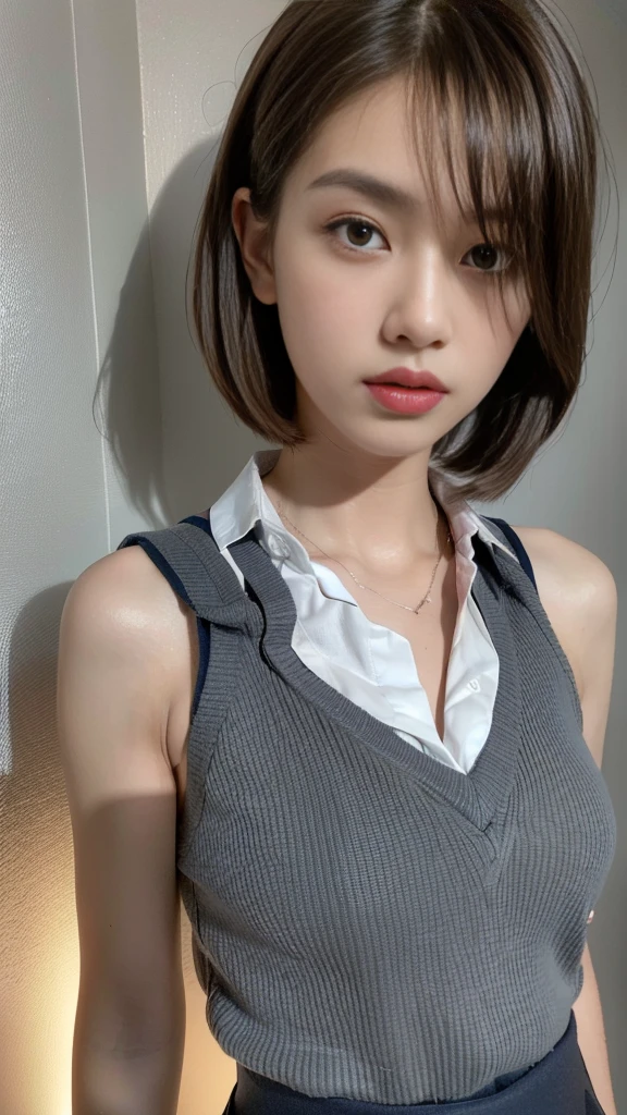 Ultra-detailed, master piece, (best quality:1.5), (high resolution:1.5), (beautiful eyes1.5), short cut brown hair, one girl, large breasts, looking at camera, focus on face, slutty expression, detailed hands, (schoolgirl:1.5), tight gray tank top, (school uniform:1.5), (white collared shirt with open front over it:1.5), ribbon, Navy blue mini skirt, Professional Photography, Film Lighting,(Dark Moody Lighting:1.5), Striking, flawless skin,(Moody Ambiance:1.5),(Erotic:1.5)(Sexy:1.5)(Evening:1.5), Empty school classroom 16k