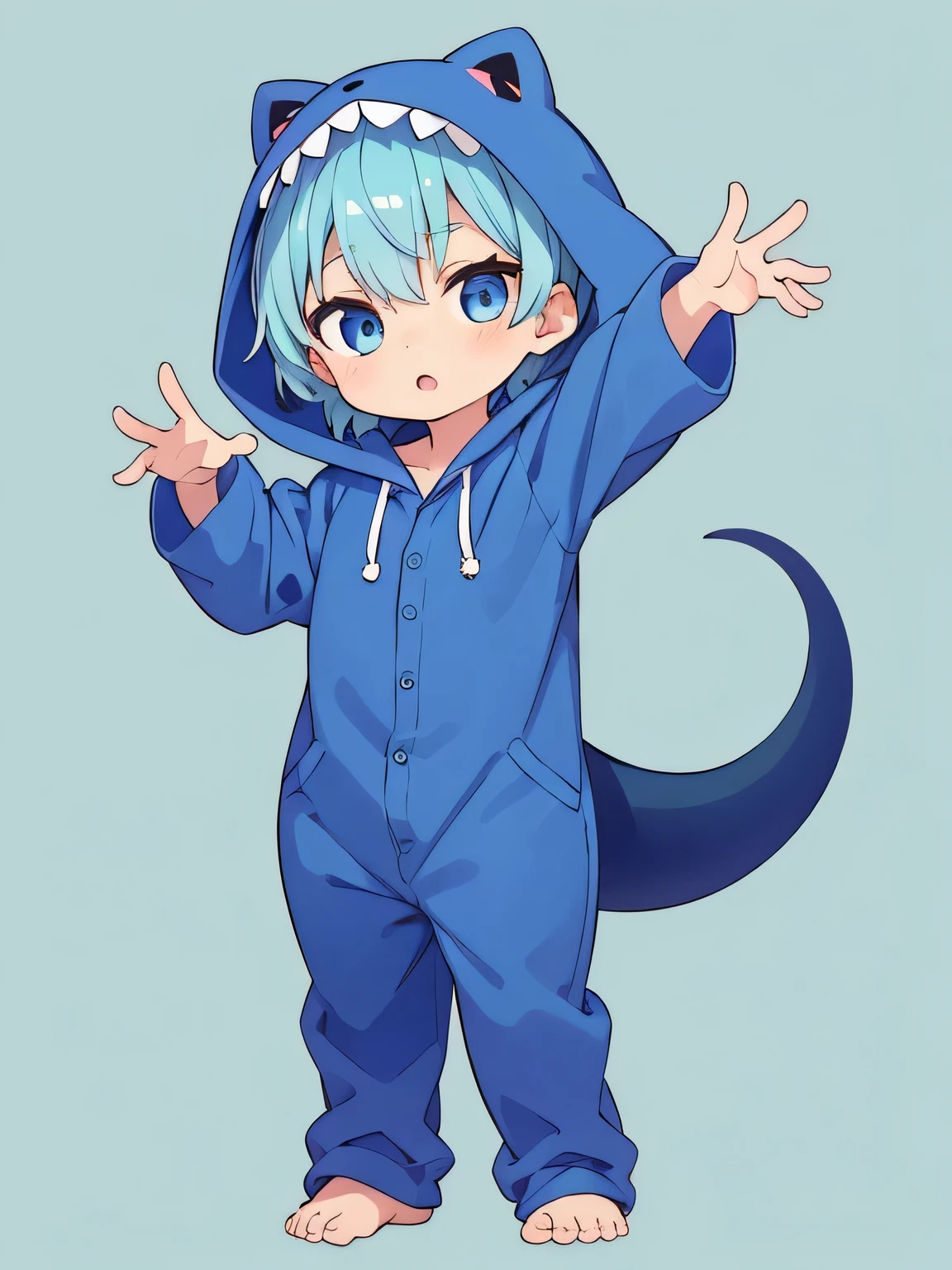 boy, 12 years, dark blue hair,dark blue eyes,light blue T-rex onesie pajamas, chibi, full body, green background only, Without background, Simple background,shoot from front, looking at viewer