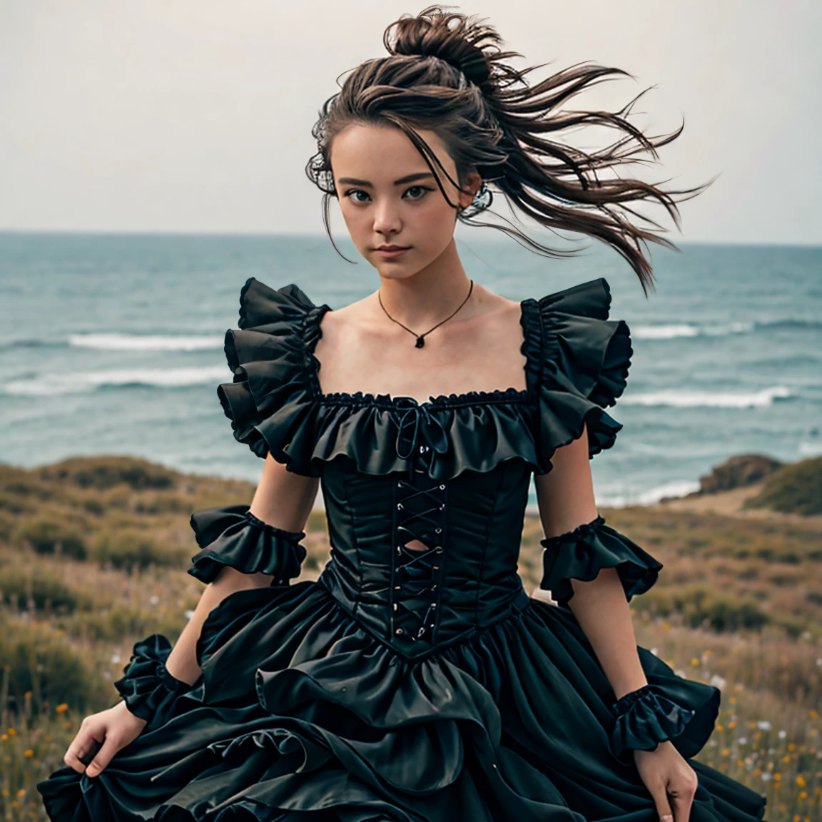 Masterpiece, Best Quality,1 girl, Gothic, wind-blown ruffled dress , 8k high resolution, 