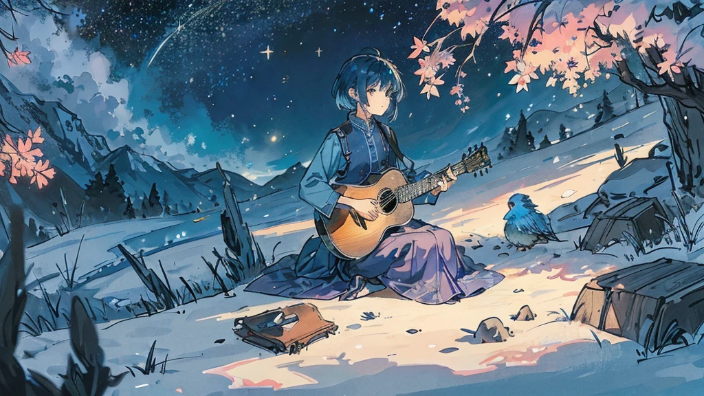 Late Night。Under the stars。A small blue budgerigar is near an acoustic guitar。。On a hill far away、Alone, with his back towards me, he plays an acoustic guitar。