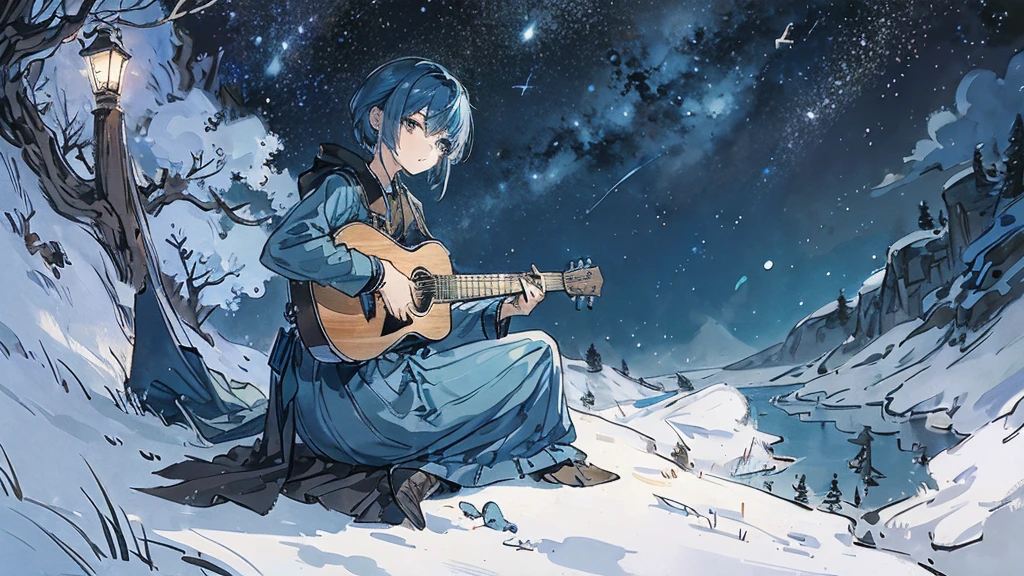Late Night。Under the stars。A small blue budgerigar is near an acoustic guitar。15-year-old girl。On a hill far away、Alone, with his back towards me, he plays an acoustic guitar。