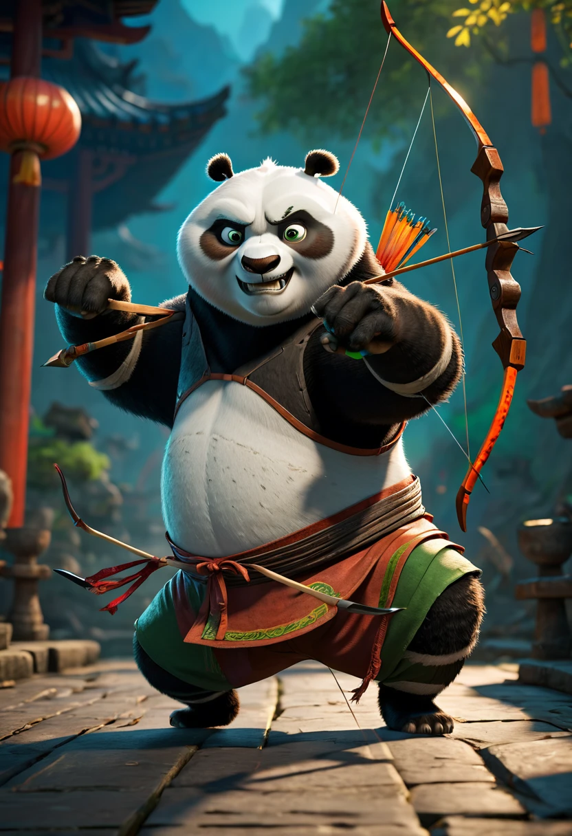 Archer, bow and arrow, Archery pose, full body, by Kung Fu Panda, dramatic composition, cinematic dynamic action scene, vibrant colors, cinematic lighting, dramatic lighting, best quality, masterpiece, very aesthetic, perfect composition, intricate details, ultra-detailed