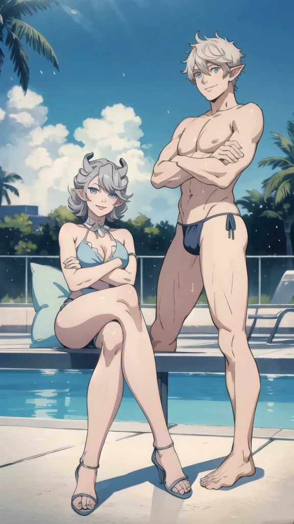 2 boys High level image quality best image quality 8K adult woman pool rain palm trees more colors whole body view portrait golden bikini horn ears short hair((shortcut)(gray hair)(perm)(fluffy)) eye color is blue , , attractive evil face , smile , sexy pose , labrynth , crossed arms, barearm , sittings by the pool , crossed legs , all wet , view foot arc
