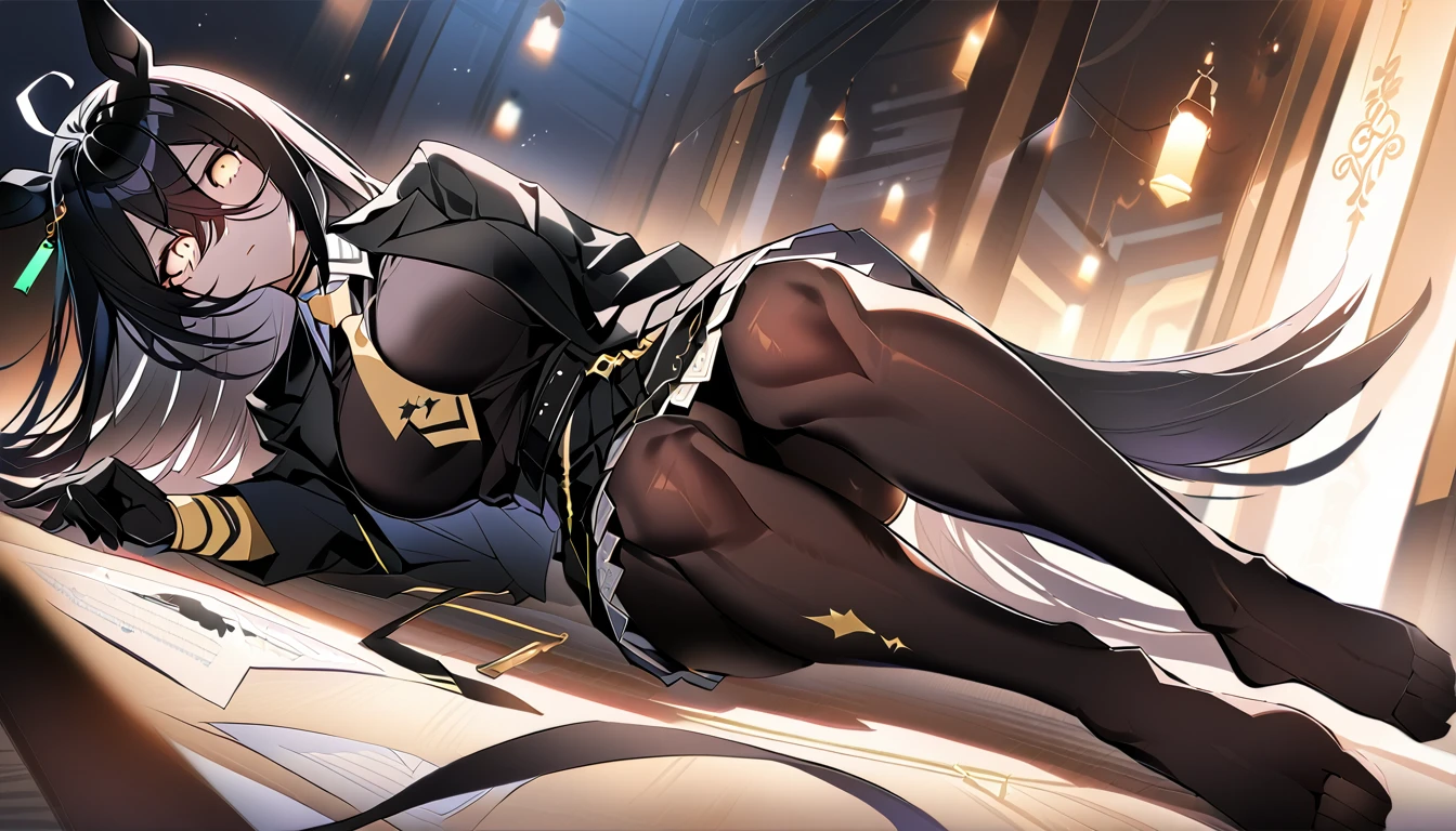 (full body),masterpiece, Highest quality, One Girl, alone, Manhattan Cafe, Expressionless, Show Viewer, Ahoge, Black jacket, shirt, tie, Black gloves, skirt, pantyhose, Single earring, Horse tail,Hair between the eyes, Thick thighs,Big Breasts,