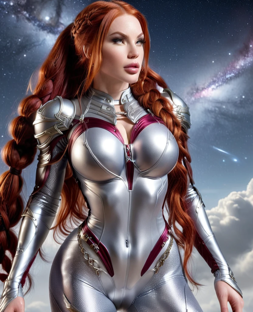 BOMBSHELL RED-HAIRED VALKYRIE, pale skin, light gray eyes, high cheekbones, rosy cheeks, MENTAL FORAMEN, HUGE LONG HAIR, DOUBLE BRAIDING HAIR, SILVER THONG LEOTARD ARMOR, long sleeves, BORDEAUX SOB BODYSUIT, BODY NECK, LONG SILVER GAUNTLETS, ATHLETIC CURVED BODY, DETAILED QUADRICEPS, muscles, Side view of the body, full body perspective, SPRITE LIGHTINGS, night sky, accurate image, work of art.