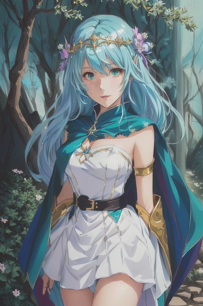 Close-up of a woman in a dress and cape, portrait Zodiac Knight Girl, Aqua from Konosuba, Turquoise hair anime girl, Anime Moe Art Style, Anime Rush John 8k Woods, Official Art, High quality anime art style, Zodiac Knight Girl, rogue anime girl ayanami rei, Elf Girl, Vivid RPG Portraits, Anime Goddess