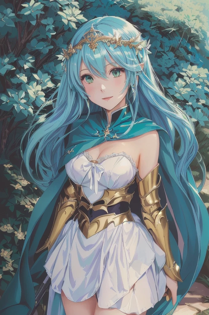 Close-up of a woman in a dress and cape, portrait Zodiac Knight Girl, Aqua from Konosuba, Turquoise hair anime girl, Anime Moe Art Style, Anime Rush John 8k Woods, Official Art, High quality anime art style, Zodiac Knight Girl, rogue anime girl ayanami rei, Elf Girl, Vivid RPG Portraits, Anime Goddess