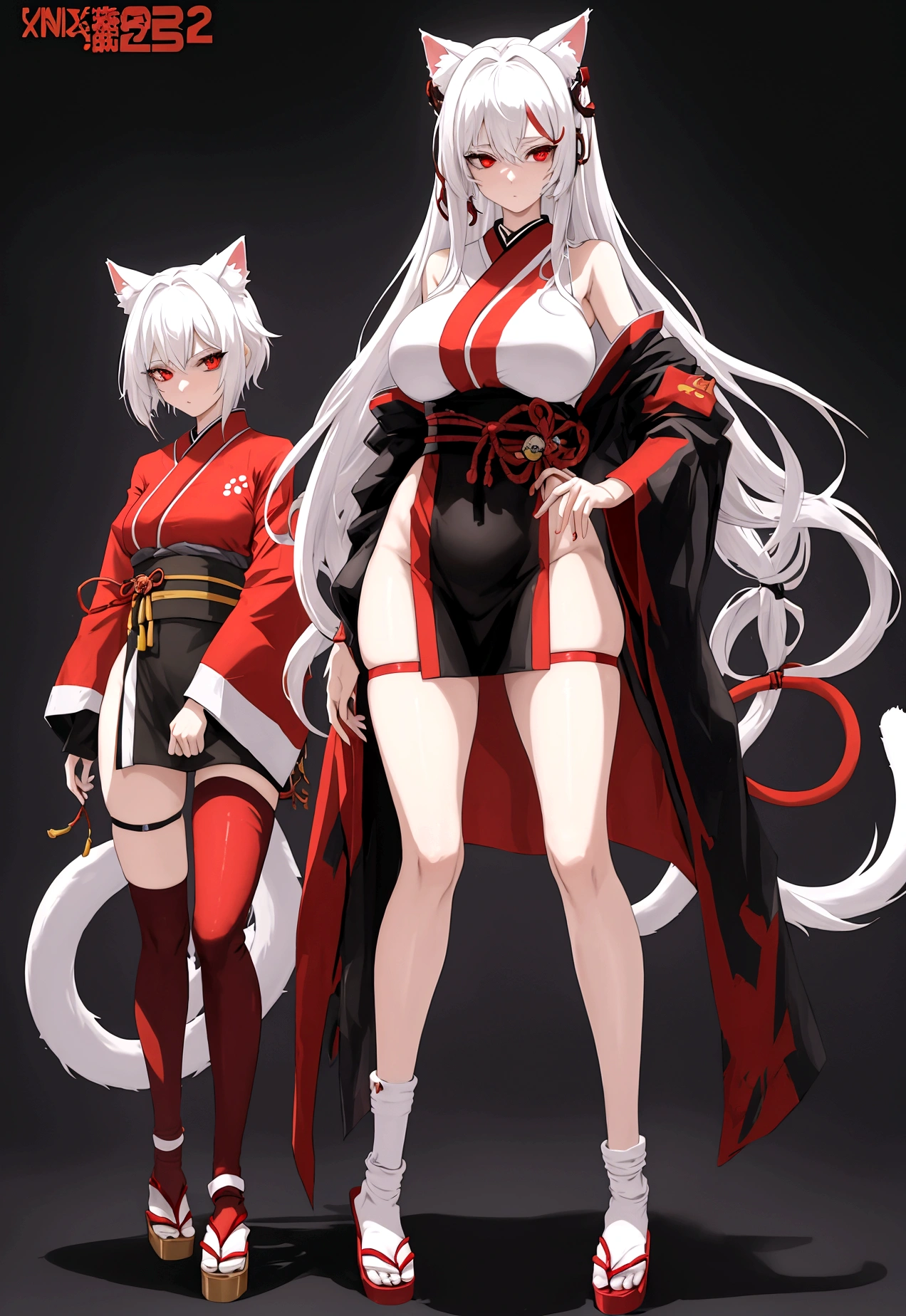 Make a full body character with 2D graphics based on current anime 4k-8k The character is 22 years old. Mature body with big breasts and curves. Eyes red, white cat ears, long white hair down to the ankles. Cat's furry tail. The outfit is a mix of traditional Japanese kimono, Qipao chines stylized in a cyberpunk way. The colors of the clothes are predominantly white with details of blood red and gold.. With sock 3/4 black and white, sandalhas ninja estilo cyberpunk.