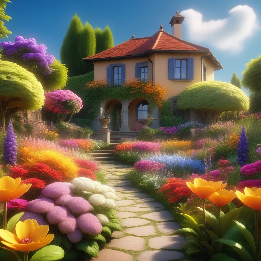 a lush garden, a panoramic view, giant colorful flowers, highly detailed, realistic, 8k, ultra-detailed, (best quality:1.2), vibrant colors, natural lighting, serene atmosphere, beautiful scenery, photorealistic, dramatic lighting, intricate details, stunning landscape, breathtaking vista, warm tones, soft focus, depth of field