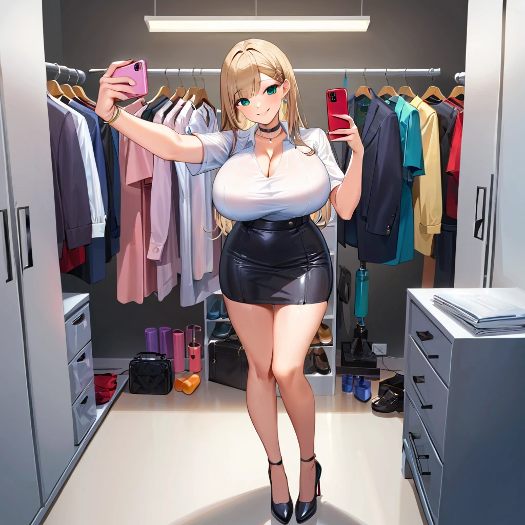 marin kitagawa,closet,trying different clothes,a lot of clothing,looking at herself in mirror,white heels, large breasts , fullbody, perfect body,white shirt, gray skirt,smiling,make selfie in mirror,choker,hand on hip,standing in sexy pose,1female, dildo on background, anal beads on background,latex clothes  lying on background,gag on background 