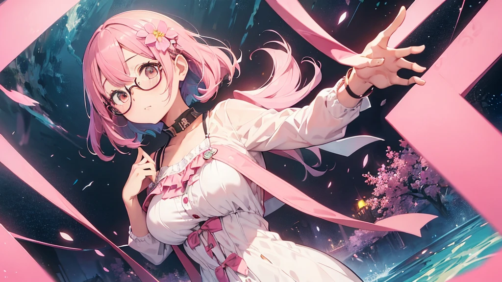 1girl,flower pattern , pink chainahuku,pastel pink hair,brown eye,bob hair,janping, put hands on body, full body,red frame eyewear,big breasts,
