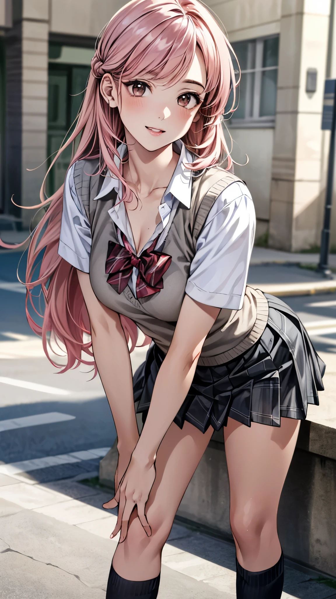(masterpiece:1.3, top-quality, ultra high res, ultra detailed), (realistic, photorealistic:1.4), beautiful illustration, perfect lighting, natural lighting, colorful, depth of fields, surrealism,
beautiful detailed hair, beautiful detailed face, beautiful detailed eyes, beautiful clavicle, beautiful body, beautiful chest, beautiful thigh, beautiful legs, beautiful fingers, shiny skin,
looking at viewer, 1 girl, japanese, high school girl, (perfect anatomy, anatomically correct, super detailed skin), cute and symmetrical face, face, perfect face, perfect eyes,
(long hair, (half updo, sidelocks), pink hair), parted bangs, brown eyes, big eyes, long eyelashes, (medium breasts, seductive thighs), slender, outstanding style,
((detailed cloth texture, break,break, white collared shirt, break,break, light brown knit vest, break,break, grey plaid pleated skirt, break,break, red bow tie), break,break, white socks, black loafer),
(beautiful scenery), evening, (riverside), standing, leaning forward, (arms behind back), (lovely smile, parted lips),