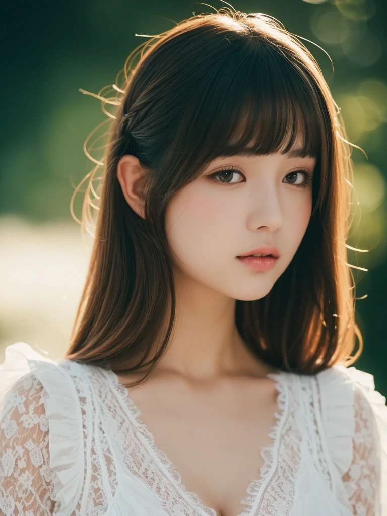 dreamy ambiance, ultrasharp, studio shoot、close up of face、(White Lace Ruffled Shirt Dress:1.2), (large chest with increased tension:1.3), Focus on the chest、Enhanced body、realisitic、Photo Real、extremely detailed cute girl、17 age、japaneelancholy look, large full breasts、A dark-haired、Hair braids、thick bangs、Night, neons, Digital SLR, Looking at Viewer, natural, Candid, Sophisticated, zora々Right, Professional Lighting, Film grain, chromatic abberation, (Bokeh:1.1)