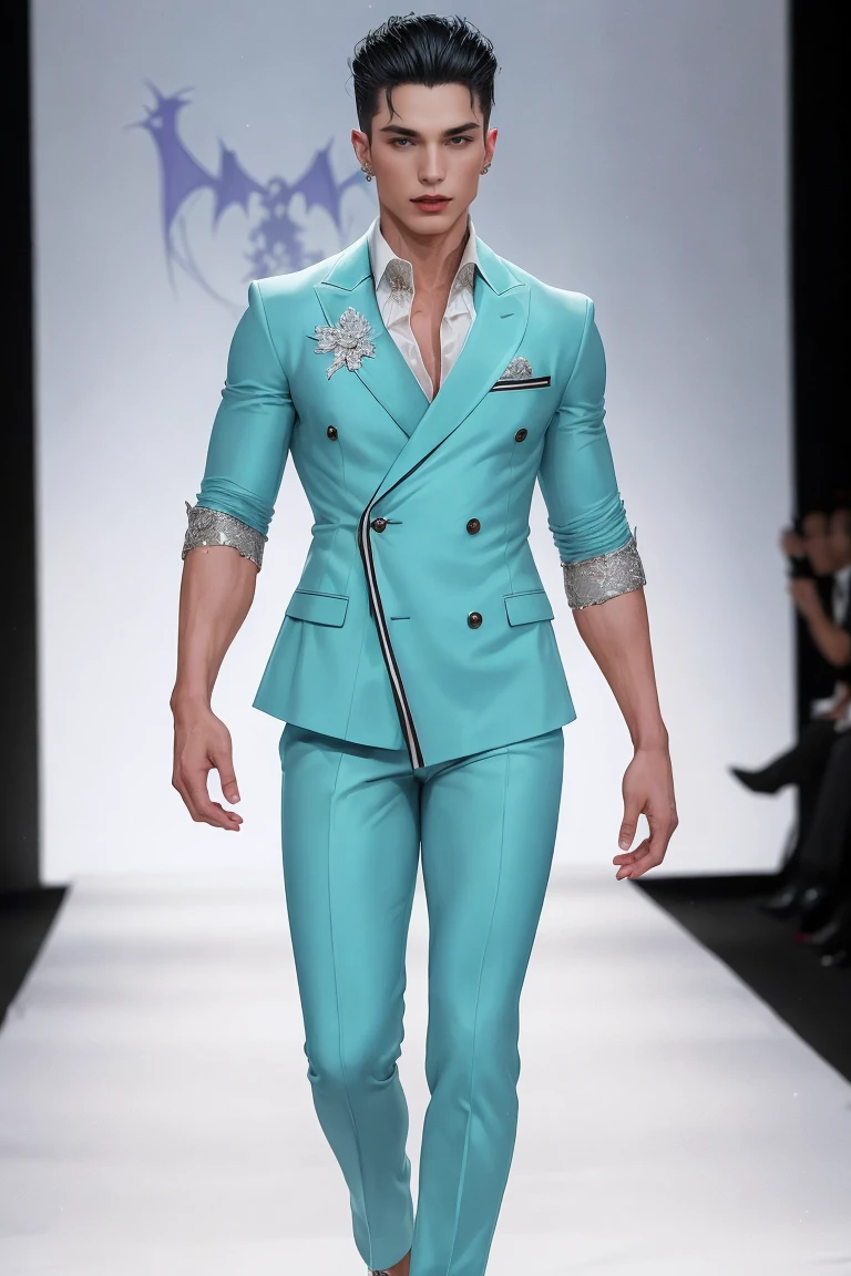 (absurdity, A high resolution, ultra detailed), Male runway model's extremely extravagant vampire fashion show, perfectly drawn face, in white luxury vampire fur men's clothing, epic, Full length photo, Cinematic lighting, complex parts, Model runway background, perfect lighting, Getting closer to perfection, permission 8k