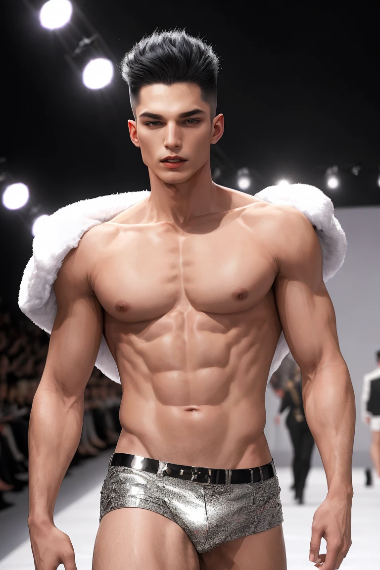 (absurdity, A high resolution, ultra detailed), Male runway model's extremely extravagant vampire fashion show, perfectly drawn face, in white luxury vampire fur men's clothing, epic, Full length photo, Cinematic lighting, complex parts, Model runway background, perfect lighting, Getting closer to perfection, permission 8k