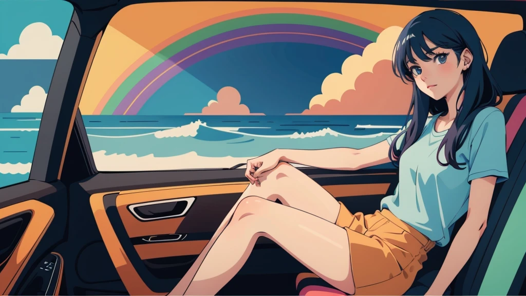 masterpiece, Highest quality, Rainbow Style, anime, Beautiful Asian Girl, K-Pop aesthetics and style, tattoo, tattoo - inspired, Sitting in a car, 80s American hippie style, Along the Hawaiian Coast, Cute and dreamy,anime,Illustrator,LOFI Girl,