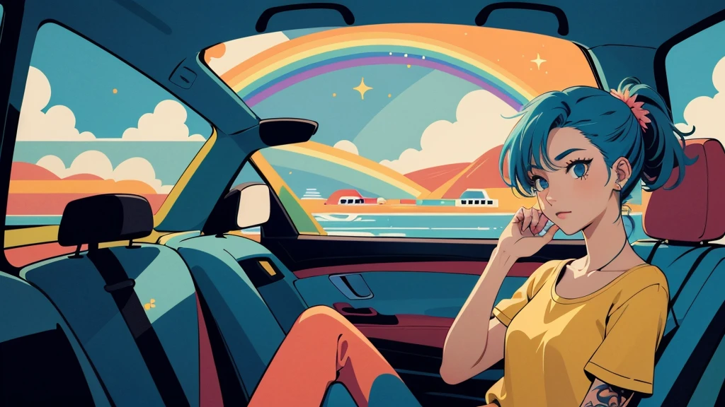 masterpiece, Highest quality, Rainbow Style, anime, Beautiful Asian Girl, K-Pop aesthetics and style, tattoo, tattoo - inspired, Sitting in a car, 80s American hippie style, Along the Hawaiian Coast, Cute and dreamy,anime,Illustrator,LOFI Girl,