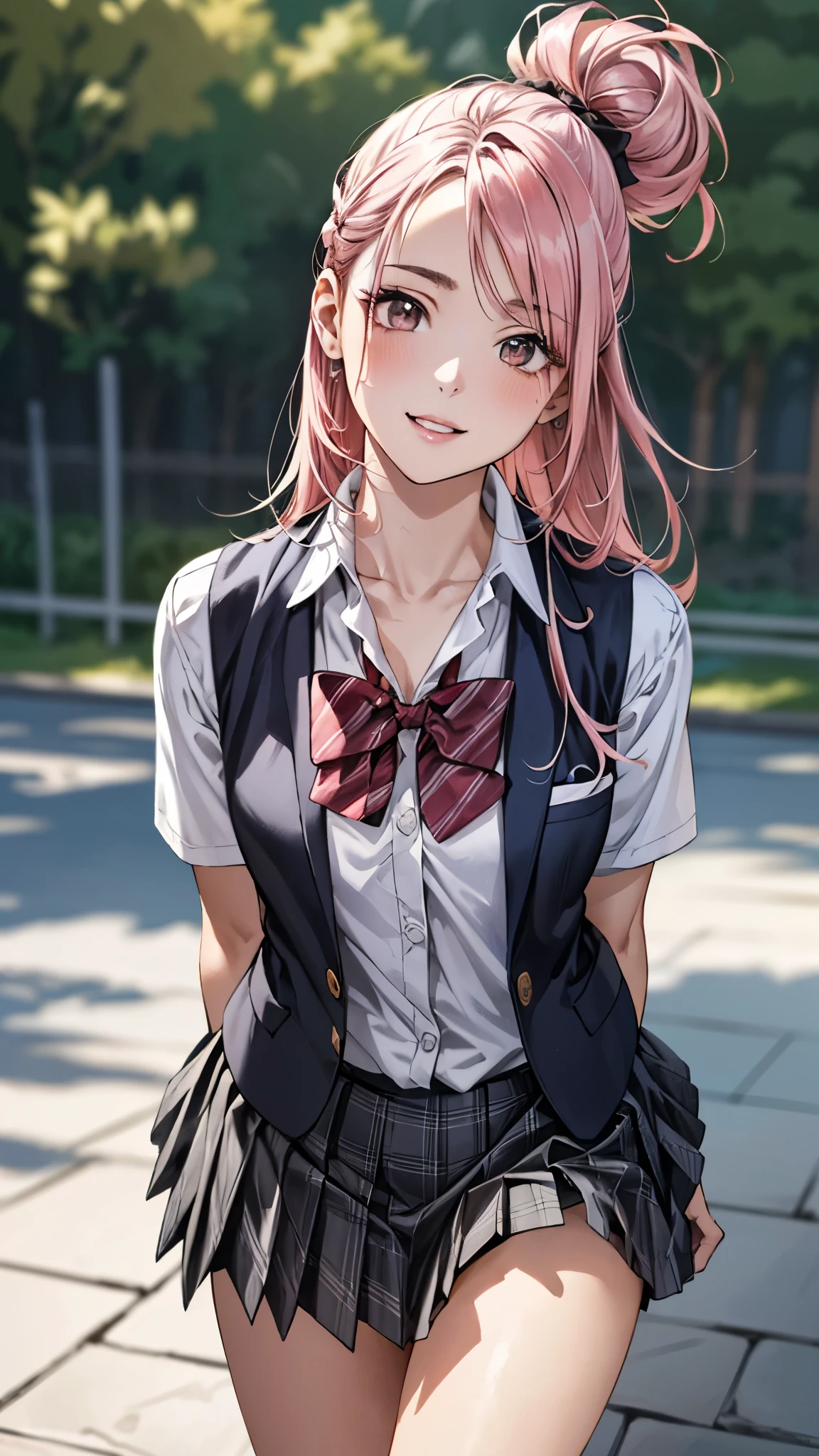 (masterpiece:1.3, top-quality, ultra high res, ultra detailed), (realistic, photorealistic:1.4), beautiful illustration, perfect lighting, natural lighting, colorful, depth of fields, surrealism,
beautiful detailed hair, beautiful detailed face, beautiful detailed eyes, beautiful clavicle, beautiful body, beautiful chest, beautiful thigh, beautiful legs, beautiful fingers, shiny skin,
looking at viewer, 1 girl, japanese, high school girl, (perfect anatomy, anatomically correct, super detailed skin), cute and symmetrical face, babyface, perfect face, perfect eyes, perfect fingers,
(long hair:1.6, straight hair:1.2, long sidelocks, pink hair), braided bangs, maroon eyes, big eyes, long eyelashes, (medium breasts, seductive thighs), slender, outstanding style,
(detailed cloth texture, break, (navy blue blazer, close blazer), break, collared white shirt, break, gray pleated skirt, break, dark red bow tie), break, navy blue school socks, black loafer,
(beautiful scenery), (inside school entrance), graceful, (pretty smile, open mouth small),