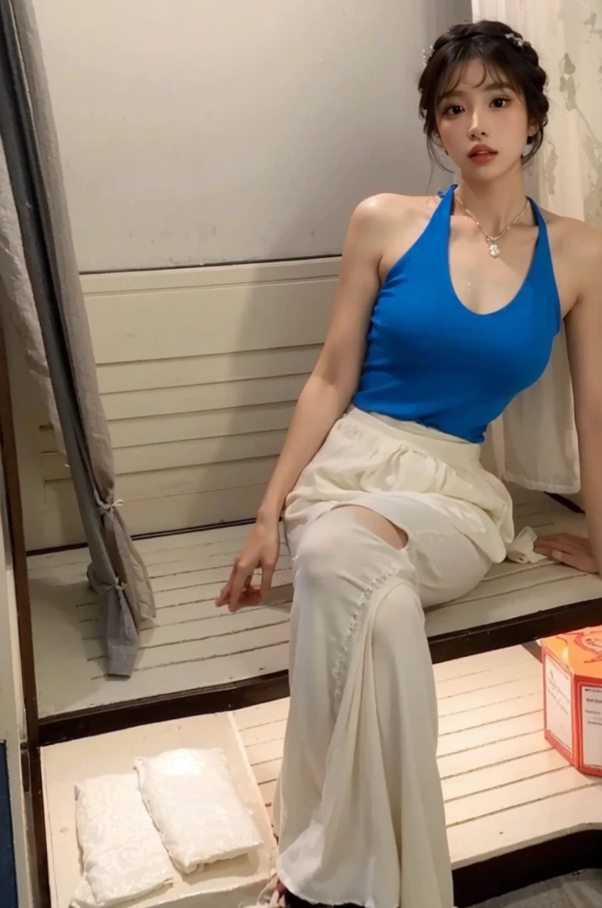 1girl,long hair,sitting,dress,solo,crown,black hair,braid,watermark,lips,blurry,indoors,realistic,bare shoulders,tiara,brown hair,breasts,makeup,curly hair,jewelry,gem,peacock style,glow,