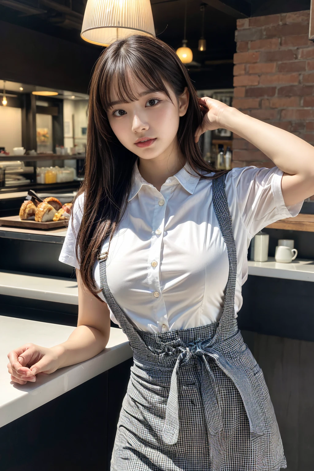 (8K, RAW Photos, Highest quality, masterpiece:1.3), (professional photography, full colors, studio-caliber color grading), (Gravure quality for high-end fashion magazines),  BREAK, 1girl, (boyish:1.15), (mannish:1.1), (double-breasted,underbust:1.2), Big Natural Color Lip, (Plumpy body:1.2), (smooth skin:1.1), (breasts:1.2),  BREAK, (gingham-check suspender-apron:1.2), (solid-blue high-waist skirt:1.2), (apron over skirt:1.1), (white blouse:1.2), short sleeves, button gap, (solid-blue bow-tie:1.1),  BREAK, dynamic pose, cafe, Restaurant,