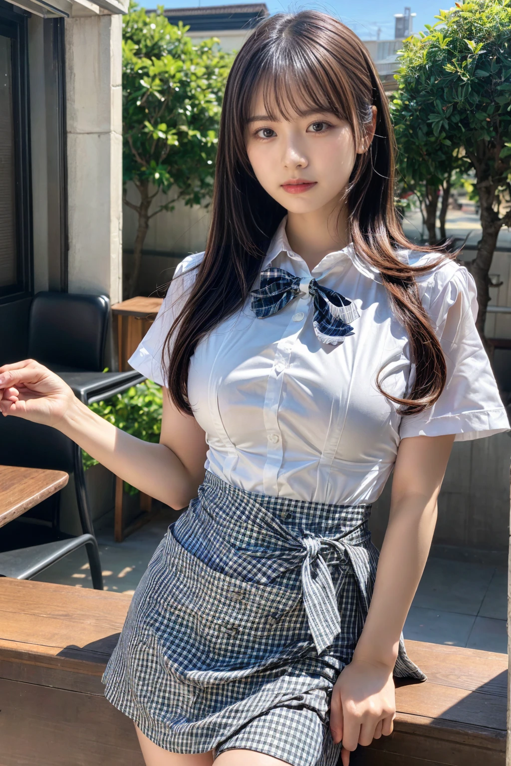 (8K, RAW Photos, Highest quality, masterpiece:1.3), (professional photography, full colors, studio-caliber color grading), (Gravure quality for high-end fashion magazines), BREAK, 1girl, (boyish:1.15), (mannish:1.1), (double-breasted,underbust:1.2), Big Natural Color Lip, (Plumpy body:1.2), (smooth skin:1.1), (breasts:1.2), BREAK, (gingham-check suspender-apron:1.2), (solid-blue high-waist skirt:1.2), (apron over skirt:1.1), (white blouse:1.2), short sleeves, button gap, (solid-blue bow-tie:1.1), BREAK, dynamic pose, cafe, Restaurant,