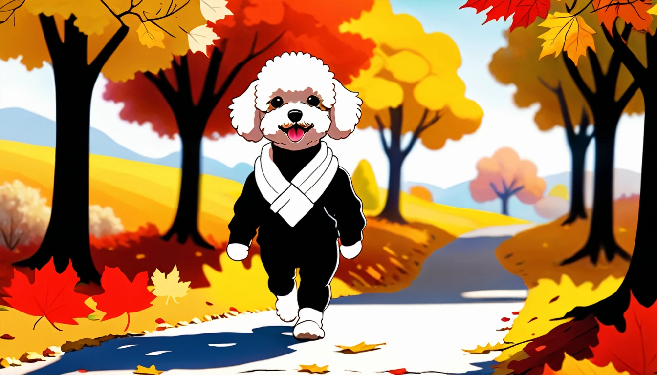 (photo film style), anthropomorphic, cute bichon frise, standing and walking like a human, autumn path, colorful trees, fallen leaves, enjoying the view, wearing casual clothes, 2D, colorful, warm atmosphere, shiny, Jean-Baptiste Monge style, Alan Lee style