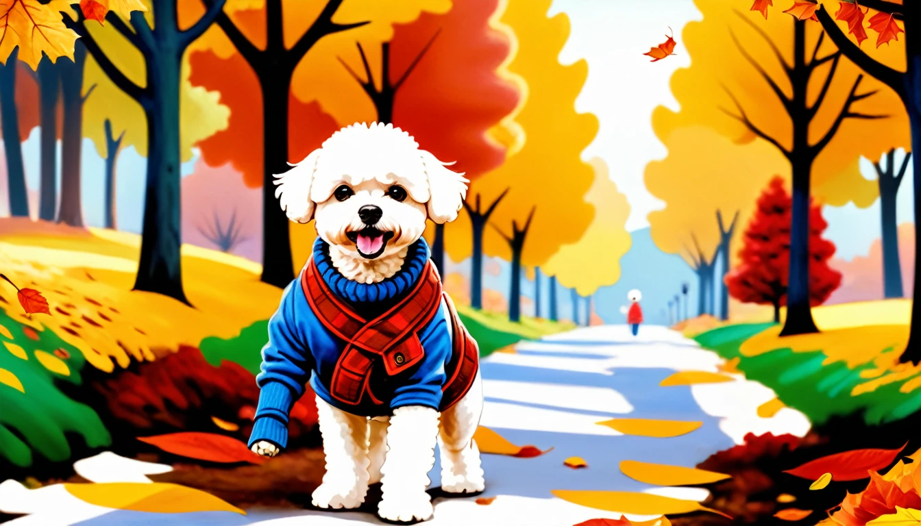 (photo film style), anthropomorphic, cute bichon frise, standing and walking like a human, autumn path, colorful trees, fallen leaves, enjoying the view, wearing casual clothes, 2D, colorful, warm atmosphere, shiny, Jean-Baptiste Monge style, Alan Lee style