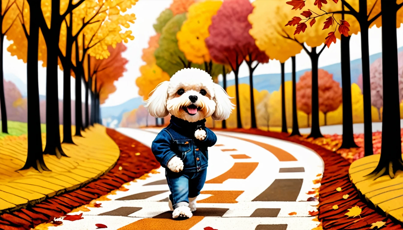 (photo film style), anthropomorphic, cute bichon frise, standing and walking like a human, autumn path, colorful trees, fallen leaves, enjoying the view, wearing casual clothes, 2D, colorful, warm atmosphere, shiny, Jean-Baptiste Monge style, Alan Lee style