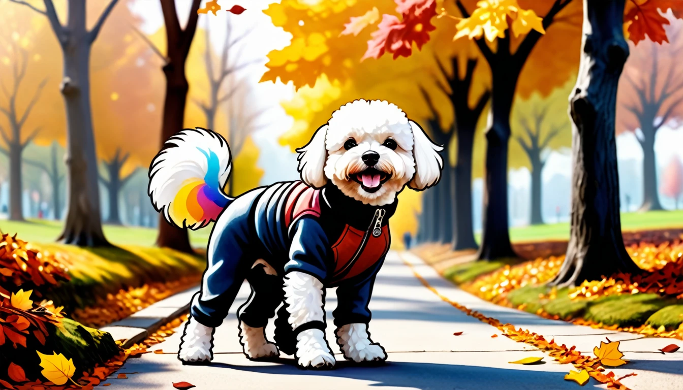 (photo film style), anthropomorphic, cute bichon frise, standing and walking like a human, autumn path, colorful trees, fallen leaves, enjoying the view, wearing casual clothes, 2D, colorful, warm atmosphere, shiny, Jean-Baptiste Monge style, Alan Lee style