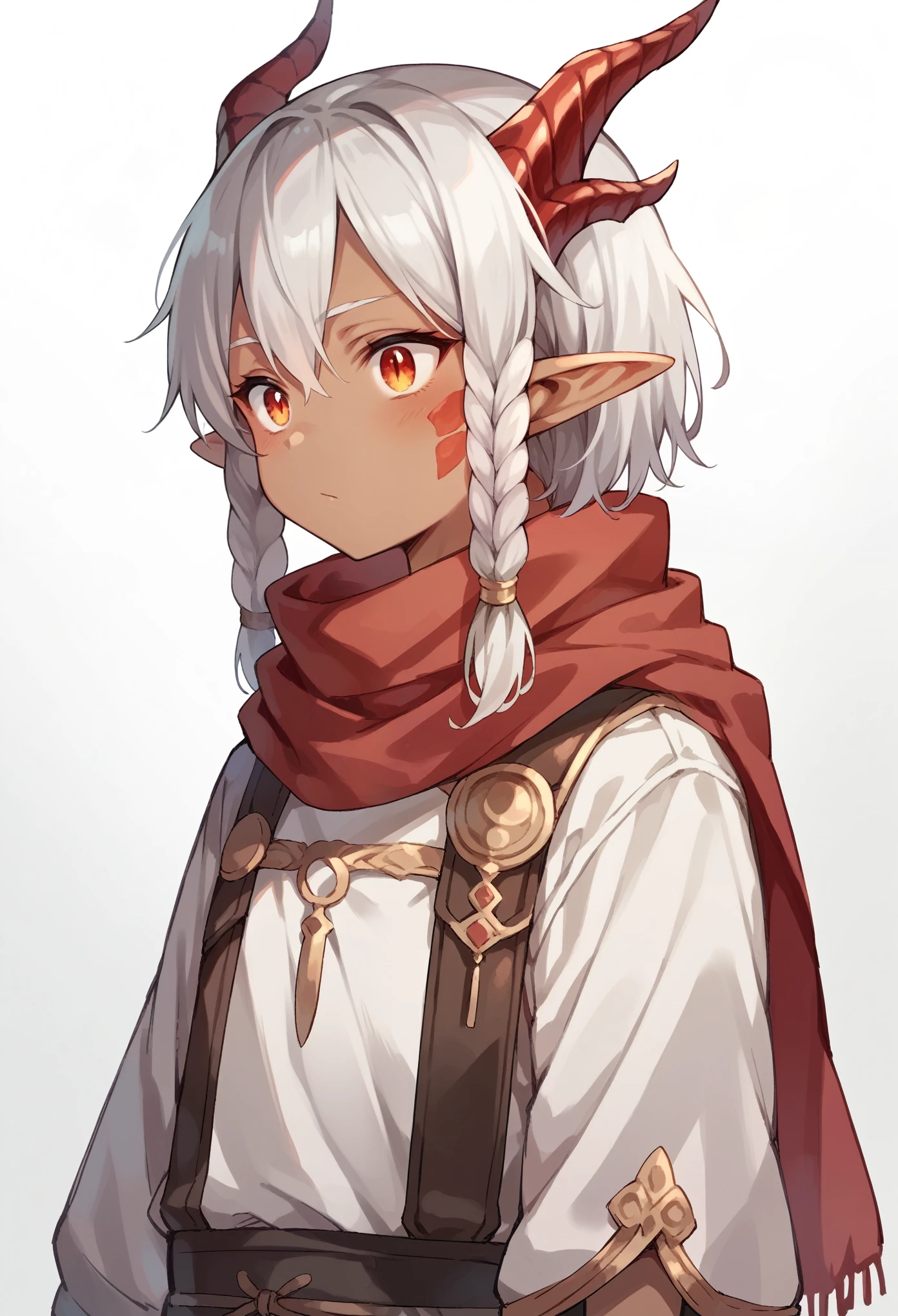 Small anime girl, dark skin, short silver braided hair, dragon-like eyes, elf ears, dragon-like horns with scales, wearing red scarf