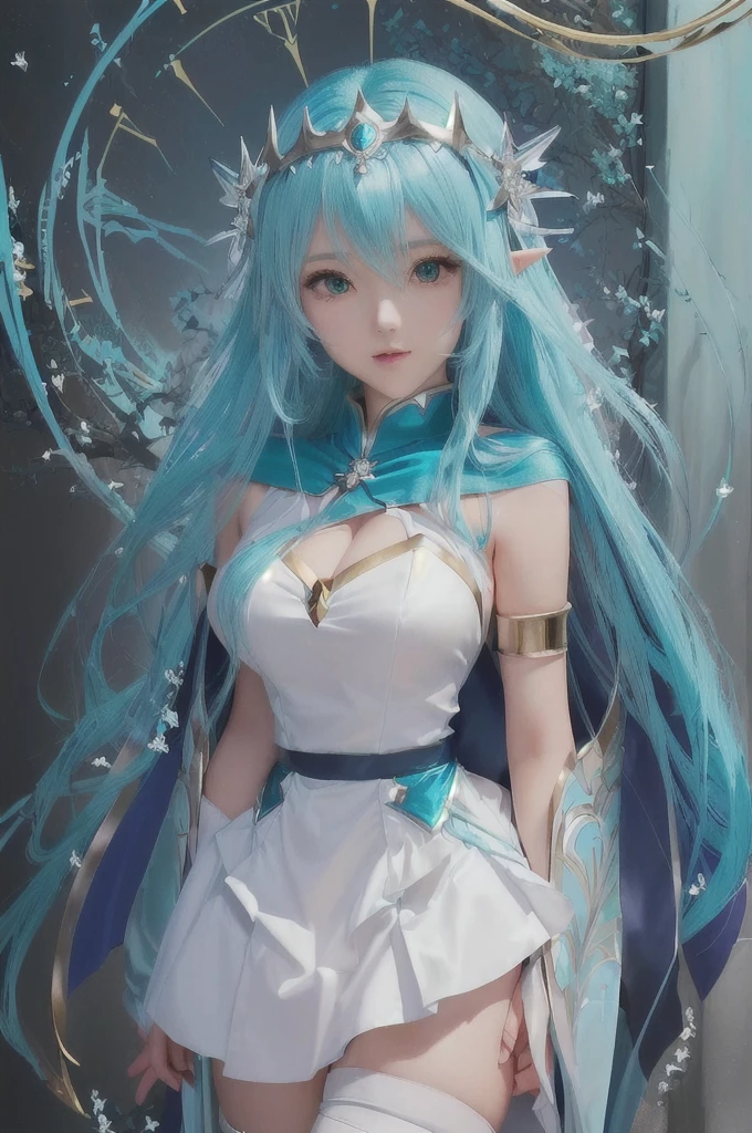 Close-up of a woman in a dress and cape, portrait Zodiac Knight Girl, Aqua from Konosuba, Turquoise hair anime girl, Anime Moe Art Style, Anime Rush John 8k Woods, Official Art, High quality anime art style, Zodiac Knight Girl, rogue anime girl ayanami rei, Elf Girl, Vivid RPG Portraits, Anime Goddess