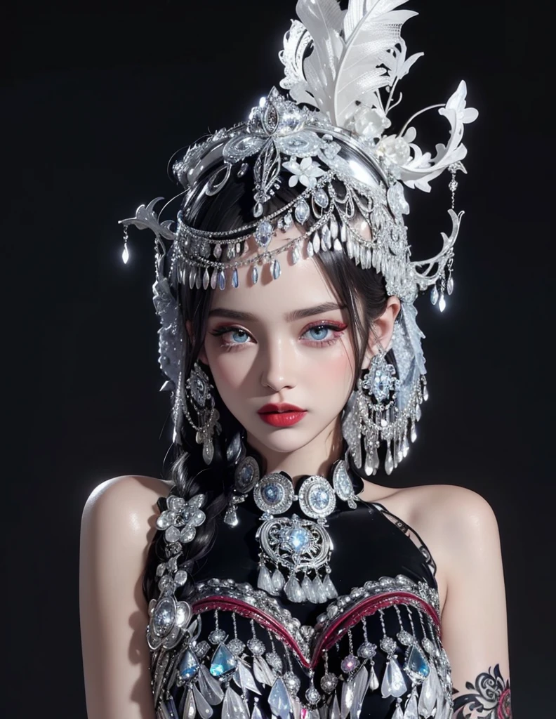 Royal princess，Super detailed, Delicate face, Stock Photography , Portrait 400, F1 Camera Lens.6, Colorful, Surrealism, Realistic textures, Dramatic Lighting, Thin Film Distiller 800 (8K, original photo, Better quality, masterpiece: 1.2), Super detailed, (Extremely delicate skin: 1.2), 8K 超高清, SLR camera, Soft Light, high quality.Fire Queen，Blue pupils，Apply red lipstick，Have a tattoo，The tattoo is very three-dimensional，Gorgeous and intricate tattoo designs，8K Mugshot，Large Breasts，Dark eyeshadow，Sexy thick lips(Red lipstick)，Ice Princess，The facial features are very three-dimensional，Gorgeous and exquisite crystal diamond lace wedding dress，Silver armor，Exquisite and ornate silver decoration