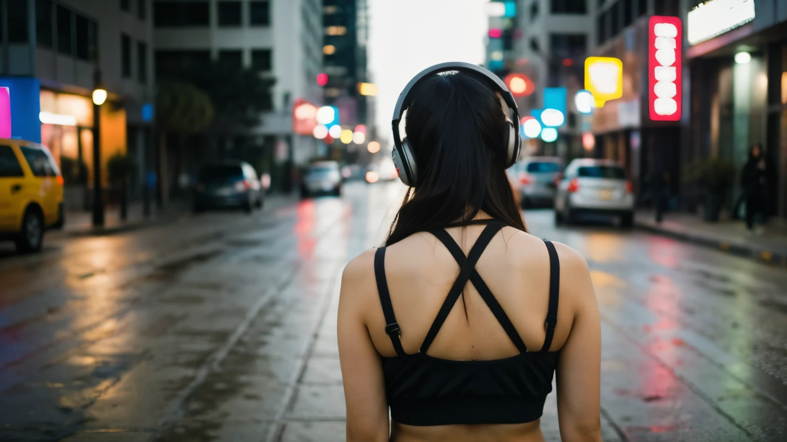 A high angle camera view from behind looking down at the rear view of a tired looking Korean girl wearing oversized headphones as she stands in anticipation for a taxi on a deserted late-night Los Angeles street. The girl's shoulder strap crop top is jarring in the cold & rainy night and her grungey, urban vibe as she exudes a tired, energy-sapped charismatic figure. This high-definition photograph captures the essence of a contemporary city scene with a LoFi-style aesthetic, showcasing the girl's effortless but unconventional style amid the chaos of city life.
