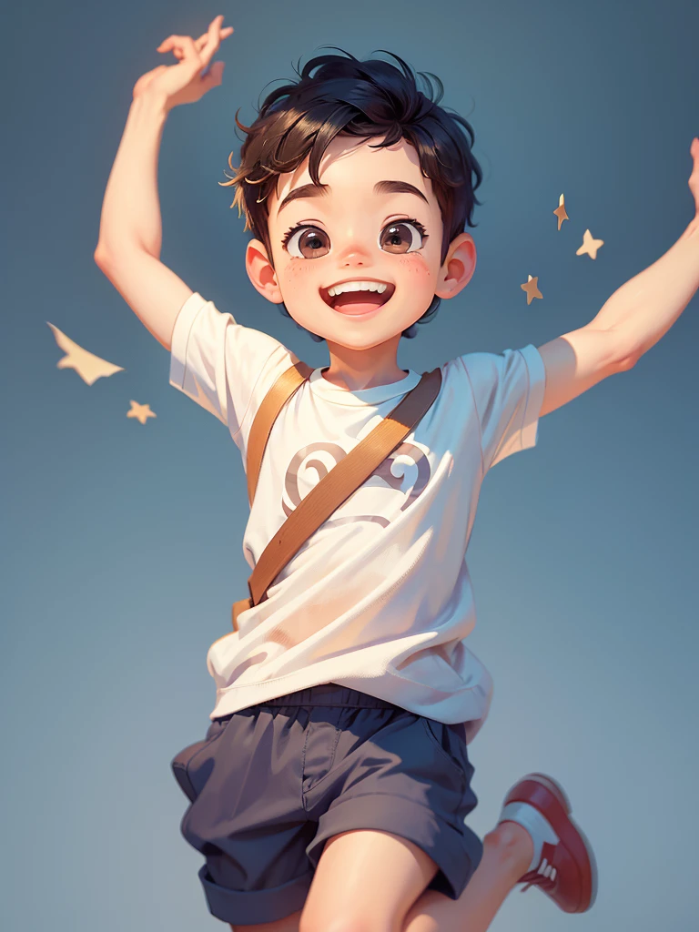 masterpiece, best quality，Illustration of a cute boy dancing happily，Pixar style, stills，simple background，perfect details，