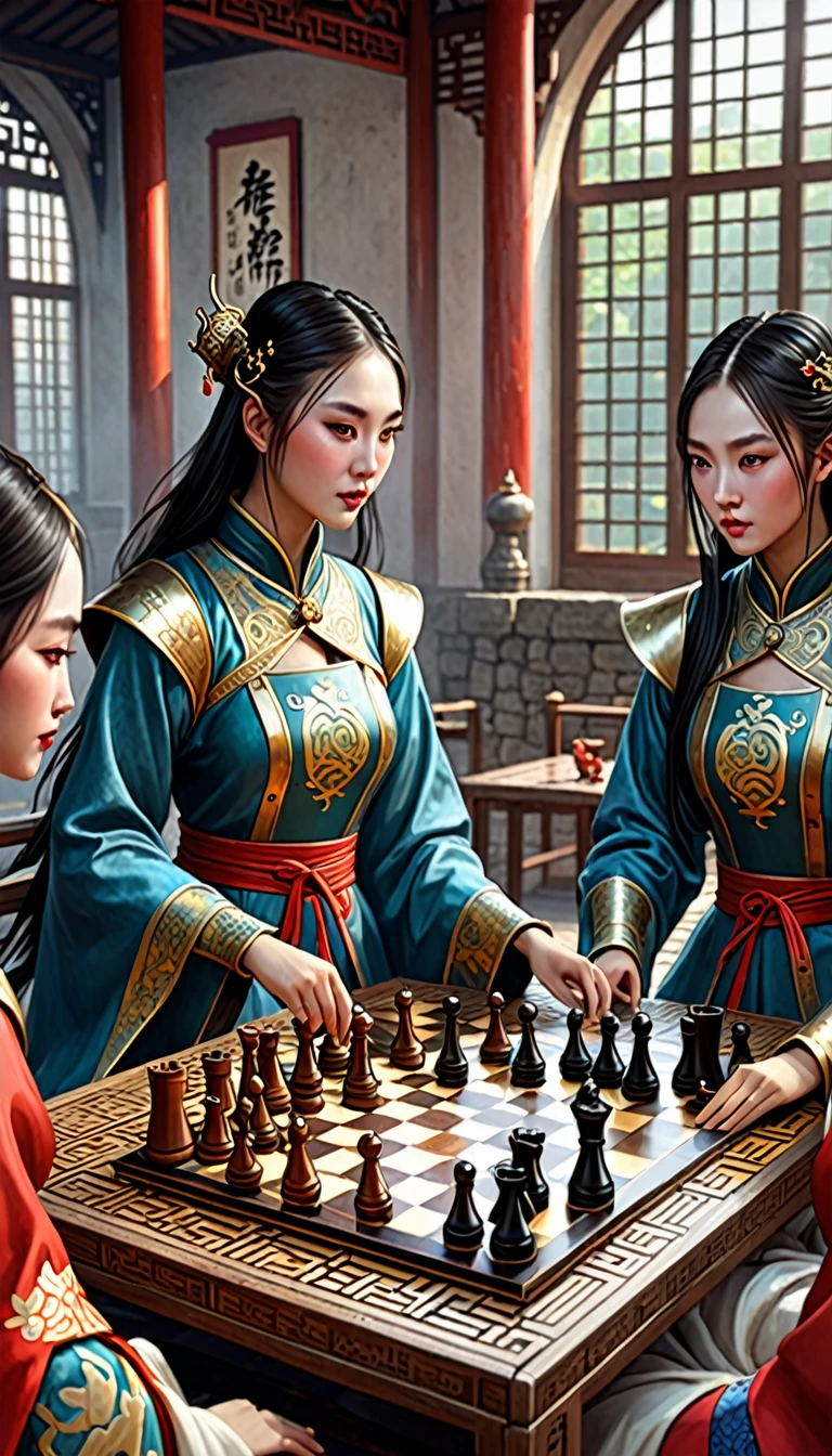 xiangqi chess whith medieval girls, the heroes play, style chinese, fantasy art meets surrealism, 8K, concept art, trending to artstation