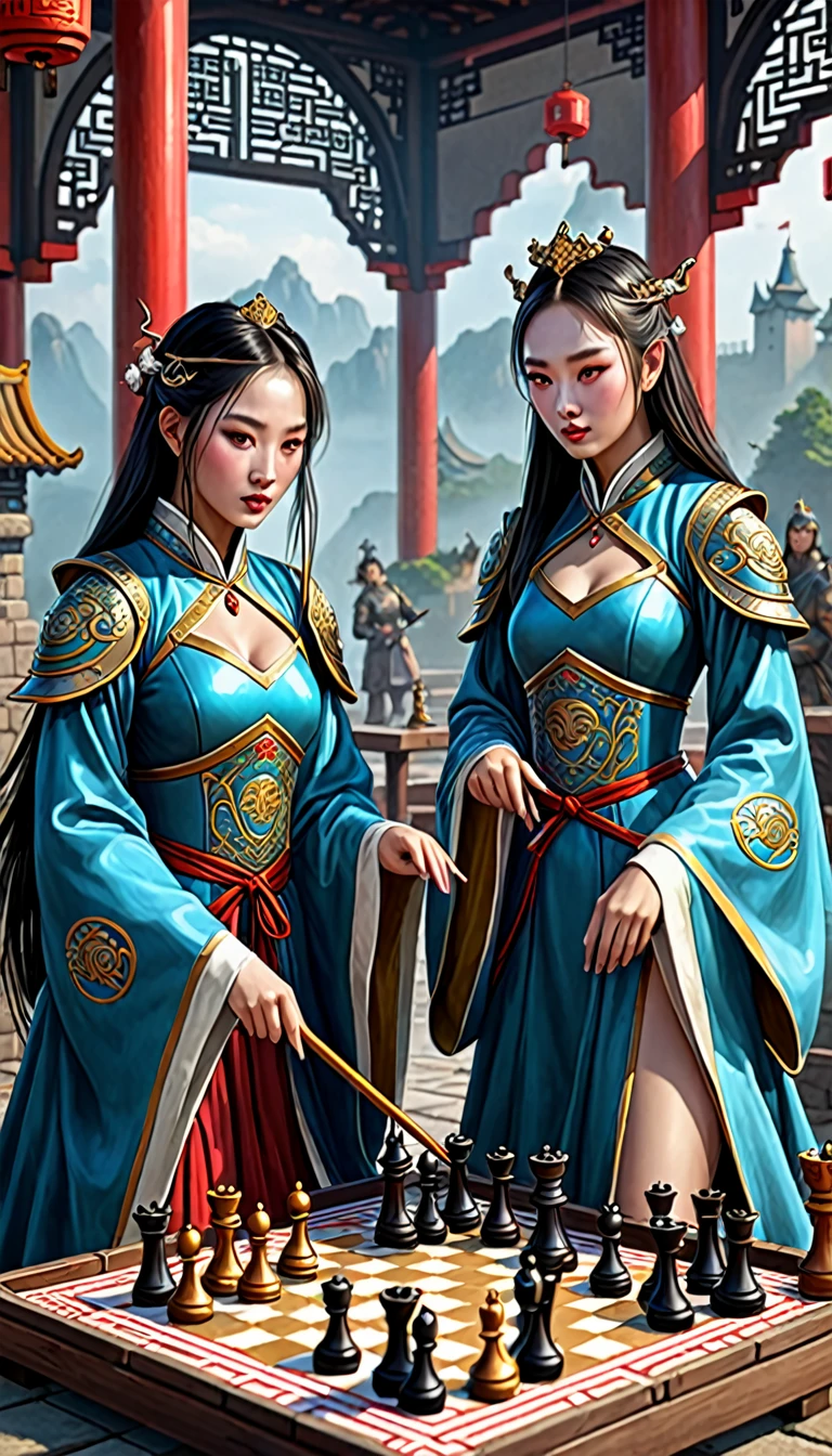 xiangqi chess whith medieval girls, the heroes play, style chinese, fantasy art meets surrealism, 8K, concept art, trending to artstation