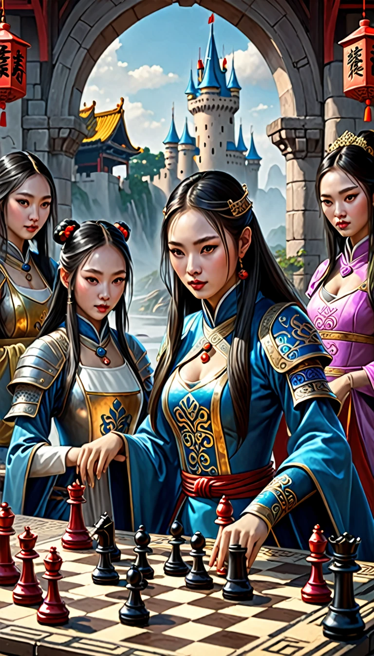 xiangqi chess whith medieval girls, the heroes play, style chinese, fantasy art meets surrealism, 8K, concept art, trending to artstation