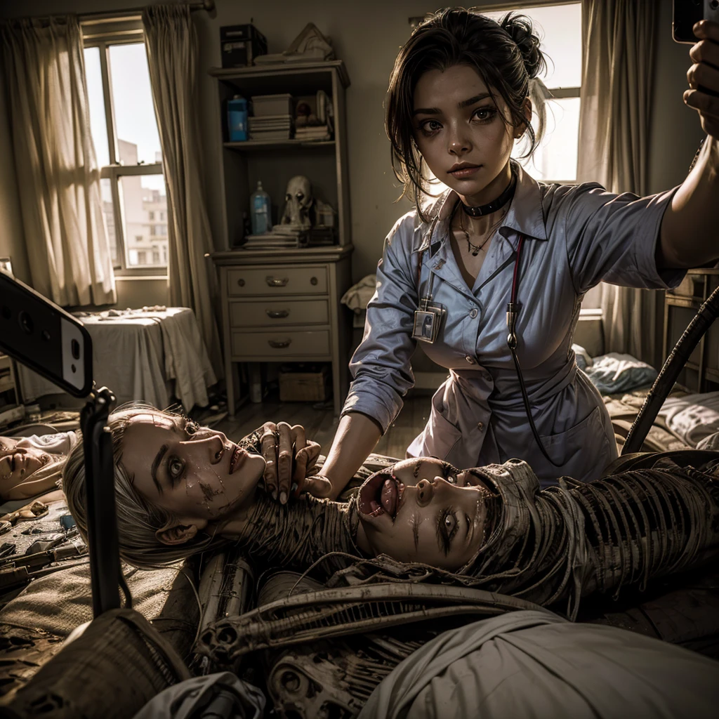 A undead female nurse takes a selfie next to a mummified patient lying on a bed, in the background a dilapidated and disturbing hospital room