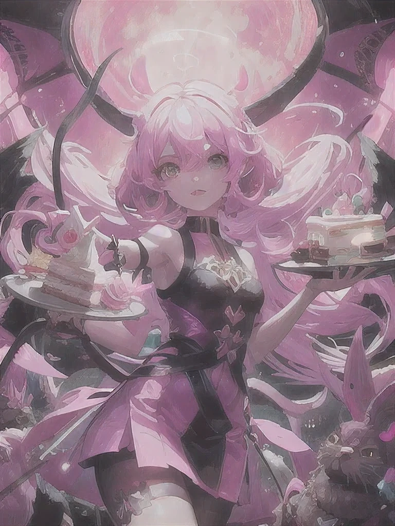 official art, unity 8k wallpaper, ultra detailed, beautiful and aesthetic, High quality, beautiful, masterpiece, best quality, (zentangle, mandala, tangle, entangle:0.6), low contrast, a cute girl serving cake to demons, pink, bright pastel colors, kawaii, (horror), eerie, rabbit skull, goat skull, in hell, creepy, demons, claws, best lighting  